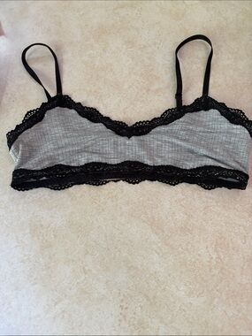 aerie Gray Ribbed Bralette with Black Lace Trim